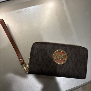 Michael Kors Dark Brown Wristlet with Gold Logo